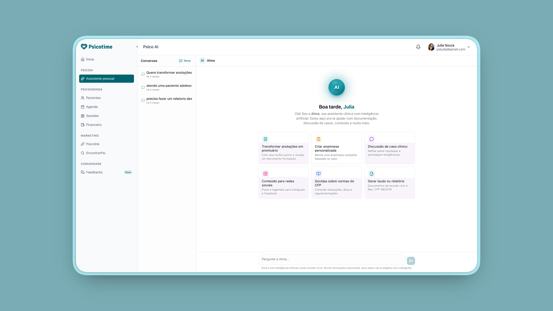 Conversa com a Alma, assistente com inteligência artificial do Psicotime