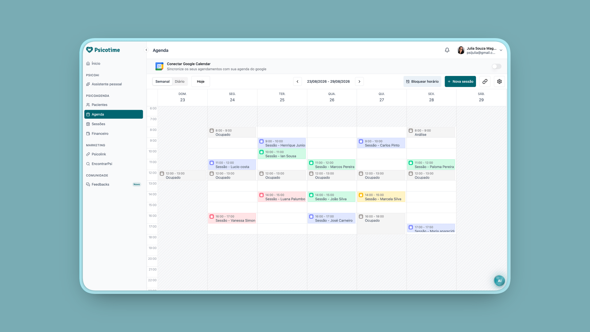 Tela da agenda do Psicotime com as sessões da semana